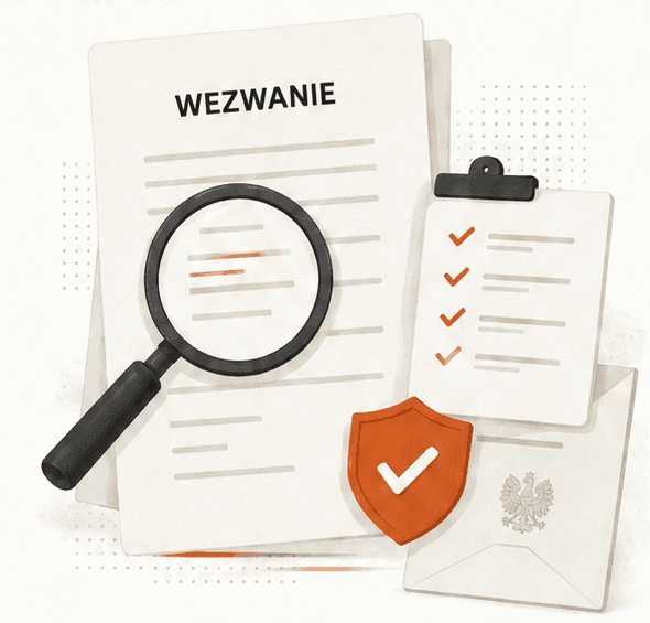 Wezwanie pod lupą, lista kontrolna i koperta z pismem urzędowym