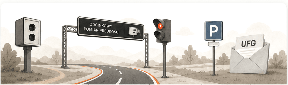 Fotoradar, bramownica odcinkowego pomiaru prędkości, sygnalizacja świetlna, znak strefy parkowania i wezwanie z UFG